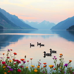 A picturesque scene of a serene lake surrounded by majestic mountains during sunrise