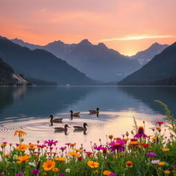 A picturesque scene of a serene lake surrounded by majestic mountains during sunrise