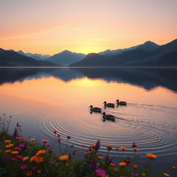 A picturesque scene of a serene lake surrounded by majestic mountains during sunrise