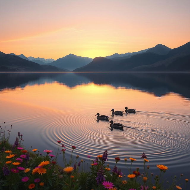 A picturesque scene of a serene lake surrounded by majestic mountains during sunrise