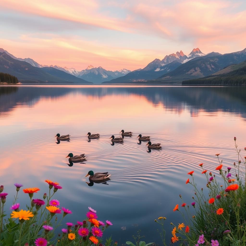 A picturesque scene of a serene lake surrounded by majestic mountains during sunrise