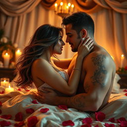 An artistic representation of intimacy and romance, featuring a couple in a passionate embrace