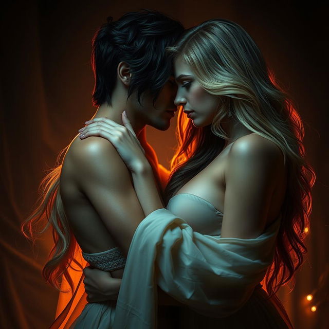 An intimate and artistic depiction of two beautiful figures in a close and affectionate pose