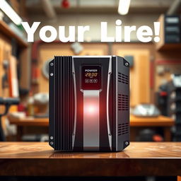 A high-quality, visually striking image of a sleek, modern power inverter prominently displayed in the center of the composition