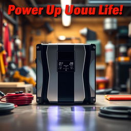 A high-quality, visually striking image of a sleek, modern power inverter prominently displayed in the center of the composition