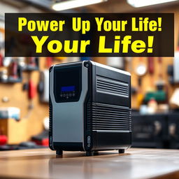 A high-quality, visually striking image of a sleek, modern power inverter prominently displayed in the center of the composition