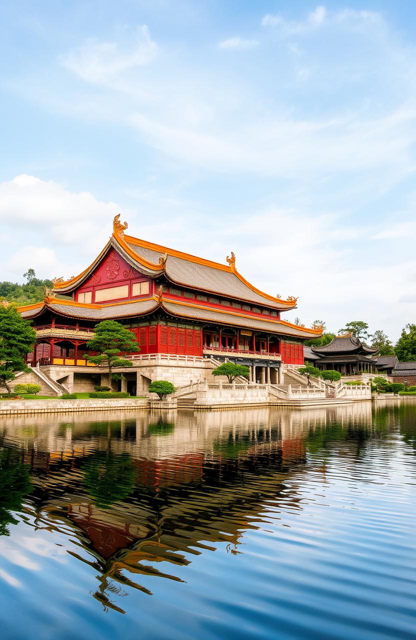 An ancient Chinese palace with exquisite architectural details, featuring upturned eaves and intricate wood carvings