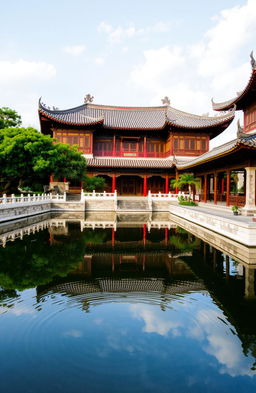 An ancient Chinese palace with exquisite architectural details, featuring upturned eaves and intricate wood carvings
