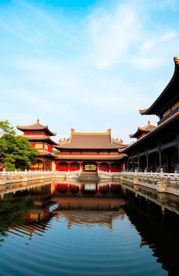 An ancient Chinese palace with exquisite architectural details, featuring upturned eaves and intricate wood carvings
