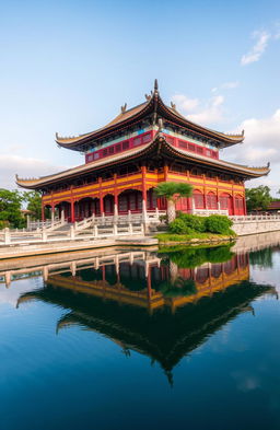 An ancient Chinese palace with exquisite architectural details, featuring upturned eaves and intricate wood carvings