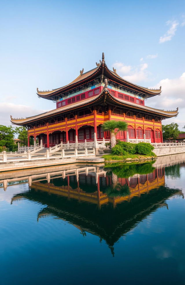 An ancient Chinese palace with exquisite architectural details, featuring upturned eaves and intricate wood carvings