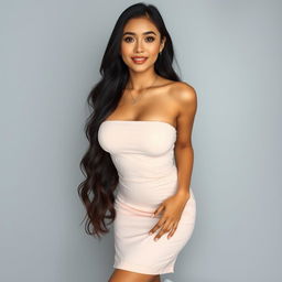 A beautiful Indonesian woman with very large breasts and long hair, wearing subtle makeup with nude pink lipstick and a light blush