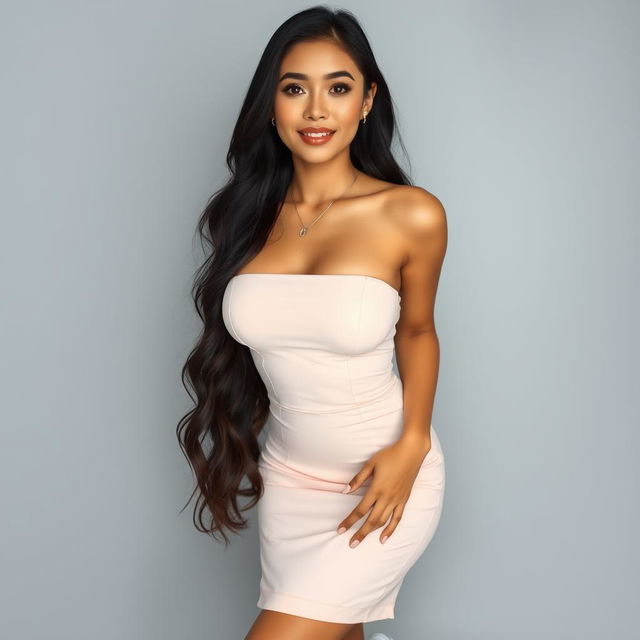 A beautiful Indonesian woman with very large breasts and long hair, wearing subtle makeup with nude pink lipstick and a light blush