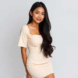 A beautiful Indonesian woman with very large breasts and long hair, wearing subtle makeup with nude pink lipstick and a light blush