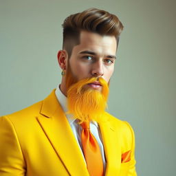 A stylish man in a vibrant full yellow suit, wearing an orange tie, with brown hair styled elegantly and a yellow beard that complements the suit