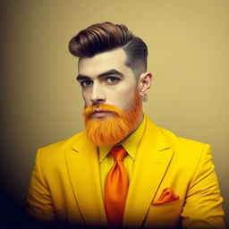 A stylish man in a vibrant full yellow suit, wearing an orange tie, with brown hair styled elegantly and a yellow beard that complements the suit