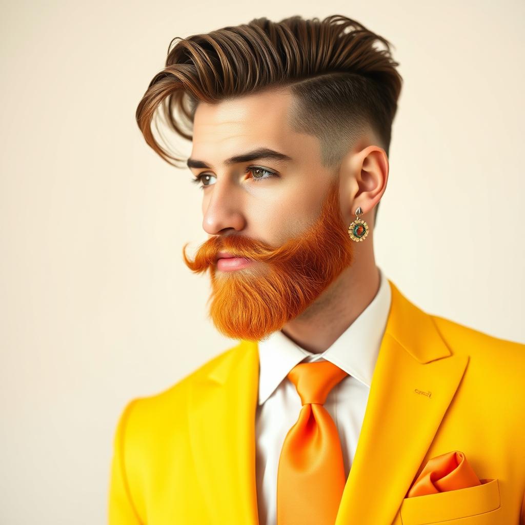 A stylish man in a vibrant full yellow suit, wearing an orange tie, with brown hair styled elegantly and a yellow beard that complements the suit