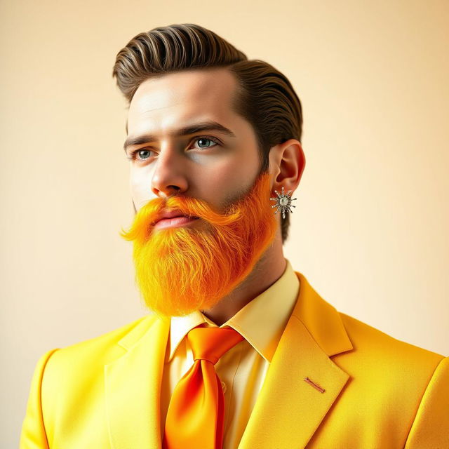 A stylish man in a vibrant full yellow suit, wearing an orange tie, with brown hair styled elegantly and a yellow beard that complements the suit