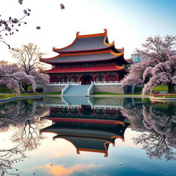 An ancient Chinese palace set in a tranquil landscape, showcasing beautiful traditional architecture with elegantly curved roofs and intricate wooden carvings adorned with gold accents