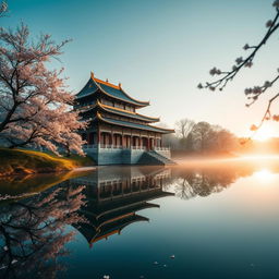 An ancient Chinese palace set in a tranquil landscape, showcasing beautiful traditional architecture with elegantly curved roofs and intricate wooden carvings adorned with gold accents