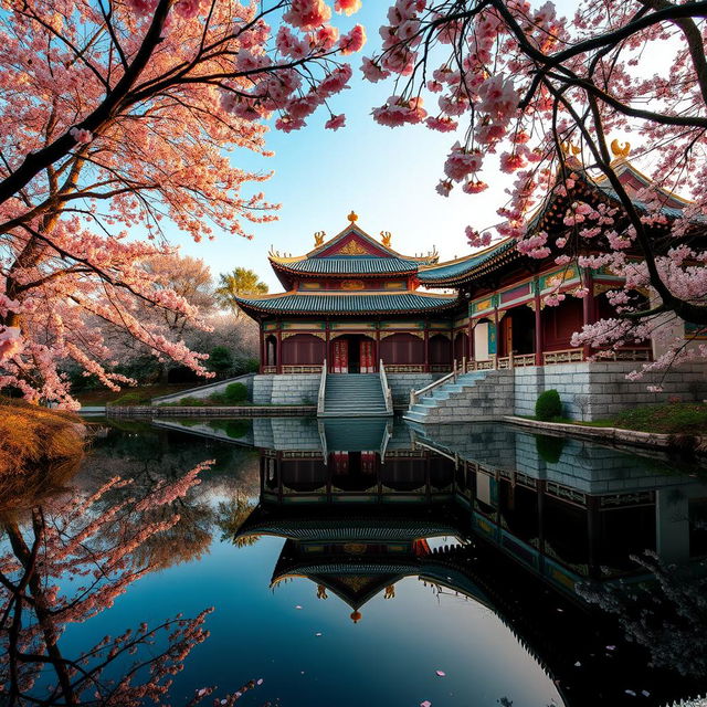 An ancient Chinese palace set in a tranquil landscape, showcasing beautiful traditional architecture with elegantly curved roofs and intricate wooden carvings adorned with gold accents