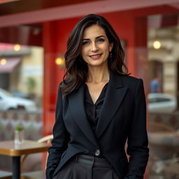 A 38-year-old woman with dark hair and Italian features, dressed fully in stylish, elegant clothing