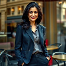A 38-year-old woman with dark hair and Italian features, dressed fully in stylish, elegant clothing