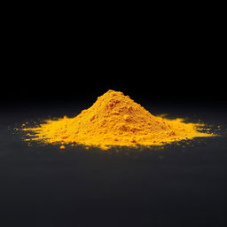 A pile of turmeric powder spilled on the ground, with a completely simple and solid black background