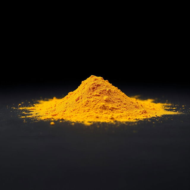 A pile of turmeric powder spilled on the ground, with a completely simple and solid black background