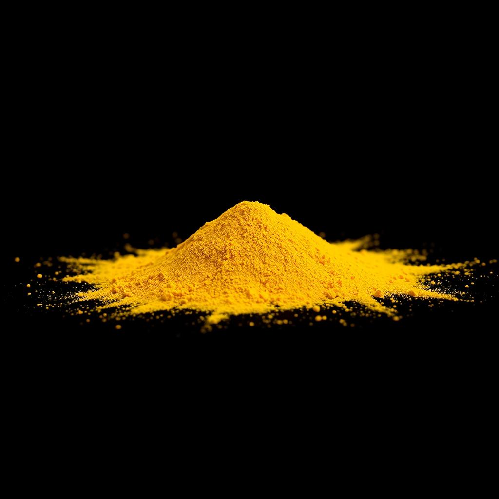 A pile of turmeric powder spilled on the ground, with a completely simple and solid black background