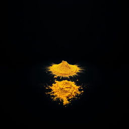 A pile of turmeric powder spilled on the ground, with a completely simple and solid black background