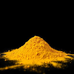 A pile of turmeric powder spilled on the ground, with a completely simple and solid black background