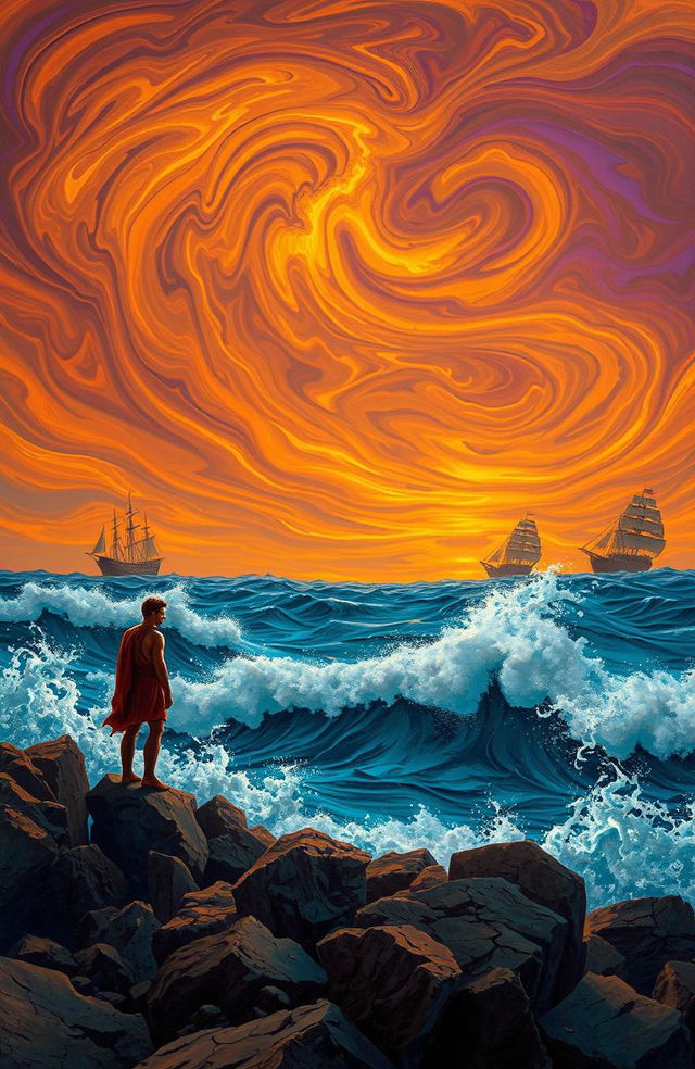 A surreal depiction of Ulysses from Homer's Odyssey, standing on a rocky shore, gazing into the horizon with a contemplative expression