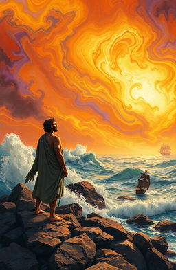 A surreal depiction of Ulysses from Homer's Odyssey, standing on a rocky shore, gazing into the horizon with a contemplative expression