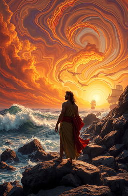 A surreal depiction of Ulysses from Homer's Odyssey, standing on a rocky shore, gazing into the horizon with a contemplative expression