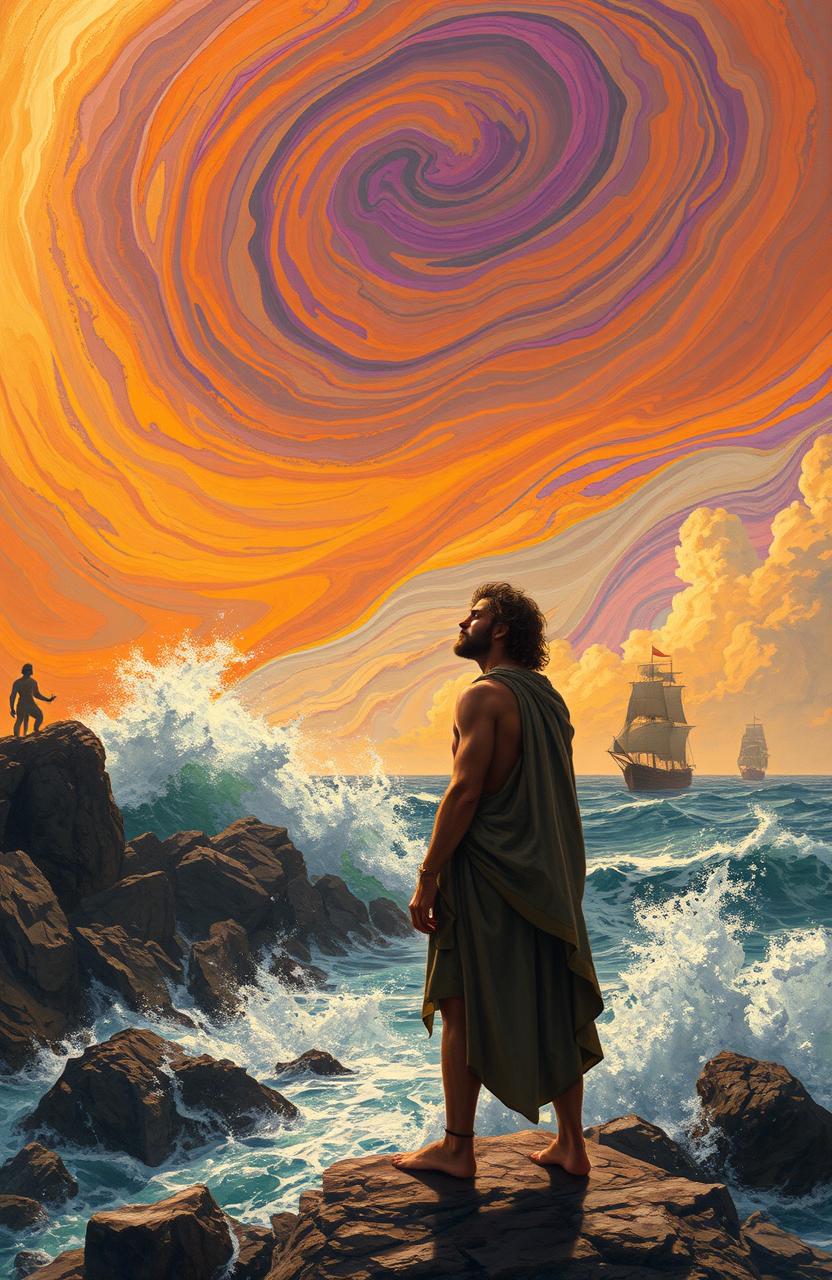 A surreal depiction of Ulysses from Homer's Odyssey, standing on a rocky shore, gazing into the horizon with a contemplative expression