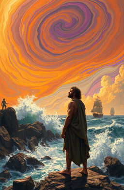 A surreal depiction of Ulysses from Homer's Odyssey, standing on a rocky shore, gazing into the horizon with a contemplative expression