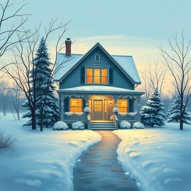 A beautiful, cozy home surrounded by a serene winter landscape, painted in warm shades of blue