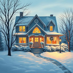 A beautiful, cozy home surrounded by a serene winter landscape, painted in warm shades of blue