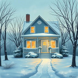A beautiful, cozy home surrounded by a serene winter landscape, painted in warm shades of blue