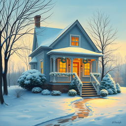 A beautiful, cozy home surrounded by a serene winter landscape, painted in warm shades of blue