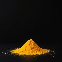 A mound of turmeric powder scattered on a flat surface, viewed from the front