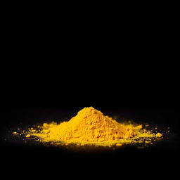 A mound of turmeric powder scattered on a flat surface, viewed from the front