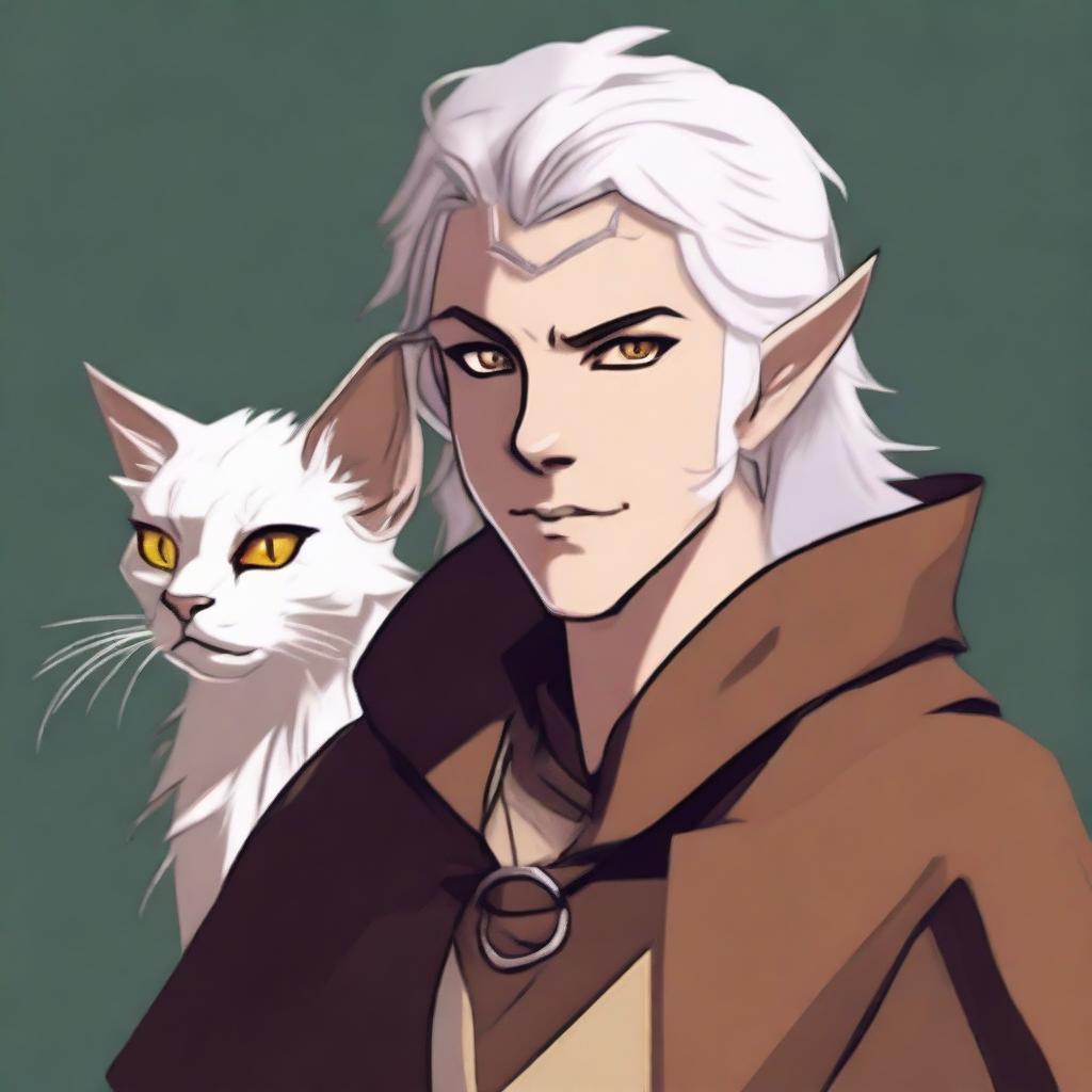 This is a high-quality digital art image of a young tiefling with fluffy, medium-length white hair styled half up, half down with curtain bangs