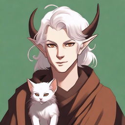 This is a high-quality digital art image of a young tiefling with fluffy, medium-length white hair styled half up, half down with curtain bangs