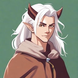 This is a high-quality digital art image of a young tiefling with fluffy, medium-length white hair styled half up, half down with curtain bangs