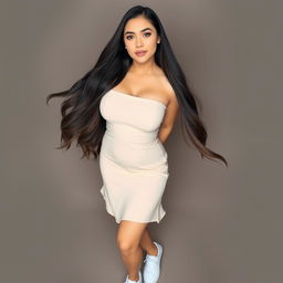 A beautiful Indonesian woman with very large breasts and long flowing hair, showcasing subtle makeup featuring nude pink lipstick and a delicate blush