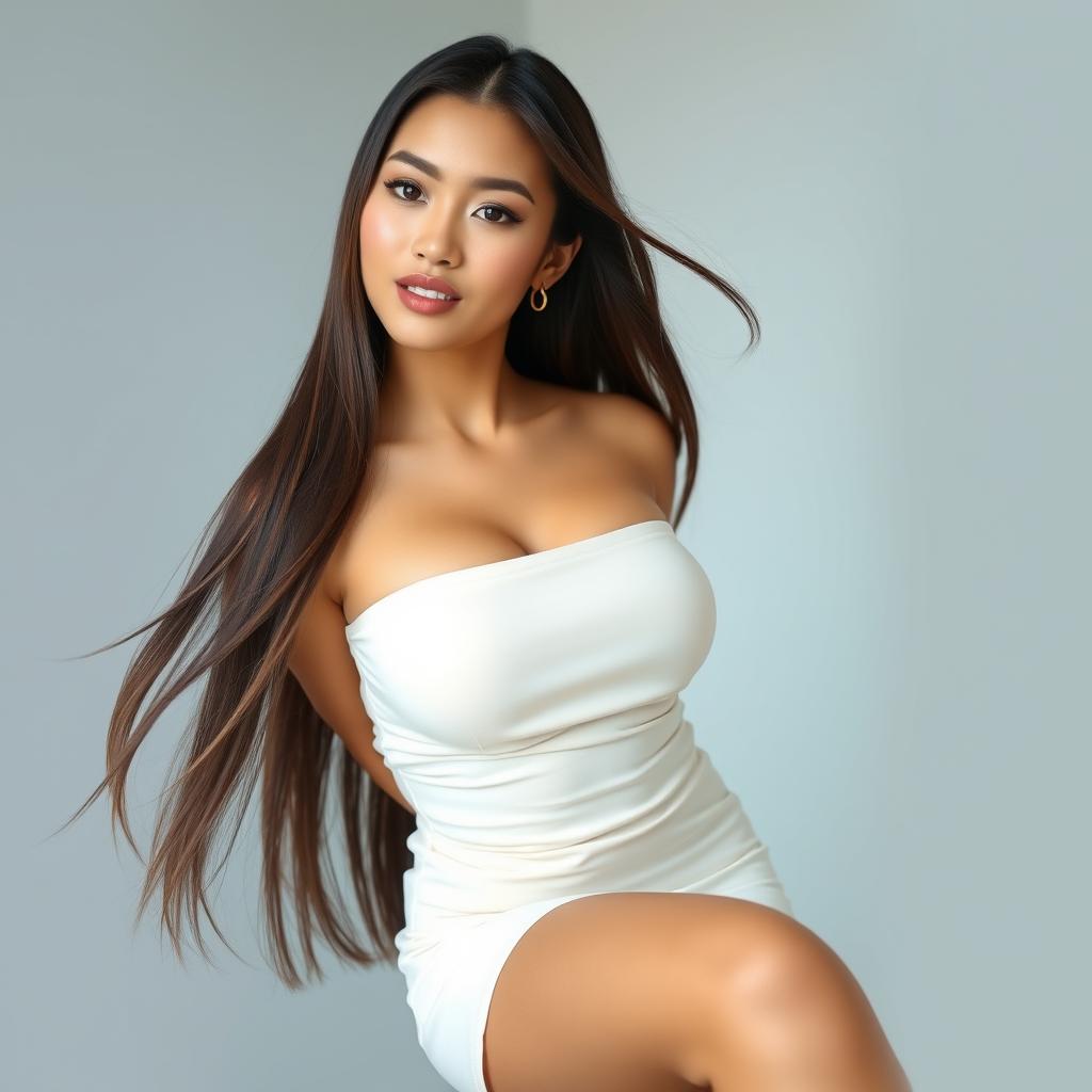 A beautiful Indonesian woman with very large breasts and long flowing hair, showcasing subtle makeup featuring nude pink lipstick and a delicate blush