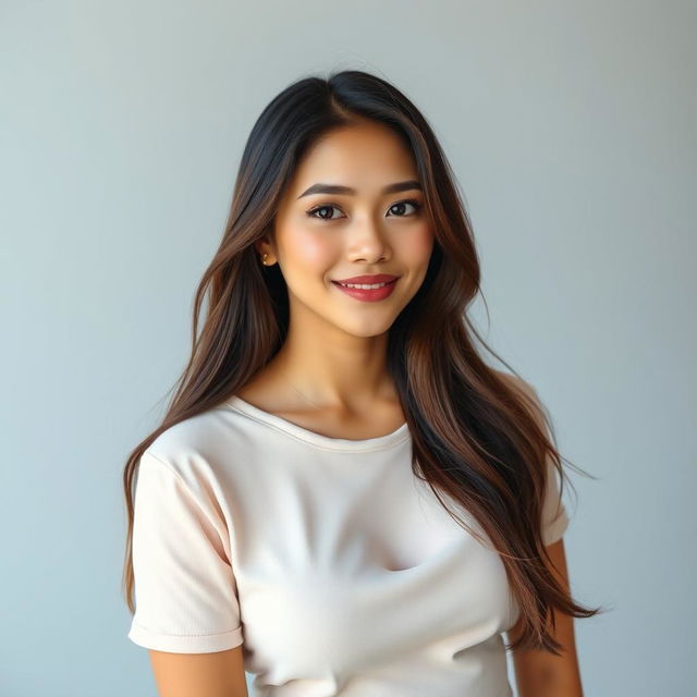 A beautiful Indonesian woman with very large breasts and long flowing hair, showcasing subtle makeup featuring nude pink lipstick and a delicate blush