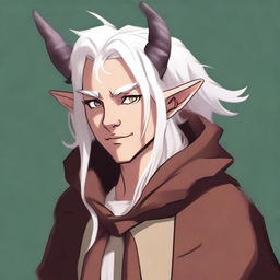 This is a high-quality digital art image of a young tiefling with fluffy, medium-length white hair styled half up, half down with curtain bangs